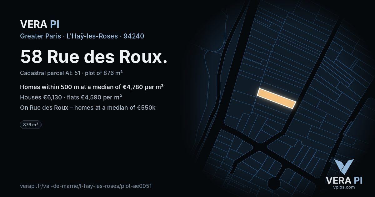 58 Rue des Roux, L'Haÿ-les-Roses at night – the plot lit, the parcels around coloured by the prices near them