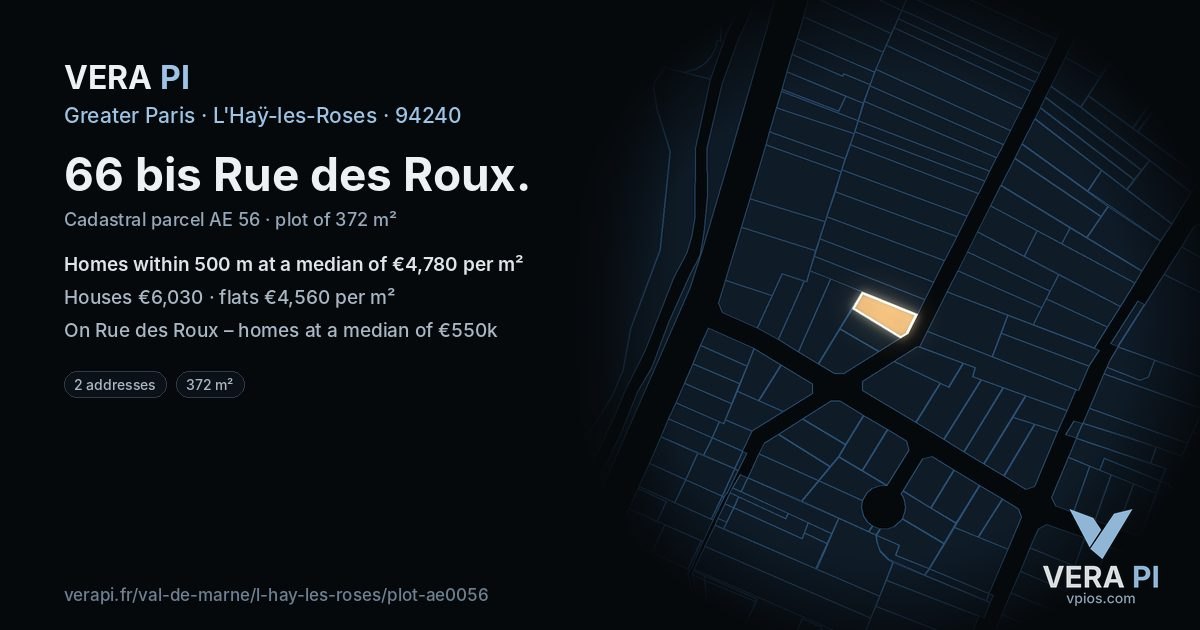 66 bis Rue des Roux, L'Haÿ-les-Roses at night – the plot lit, the parcels around coloured by the prices near them
