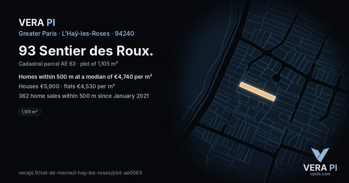 93 Sentier des Roux, L'Haÿ-les-Roses at night – the plot lit, the parcels around coloured by the prices near them