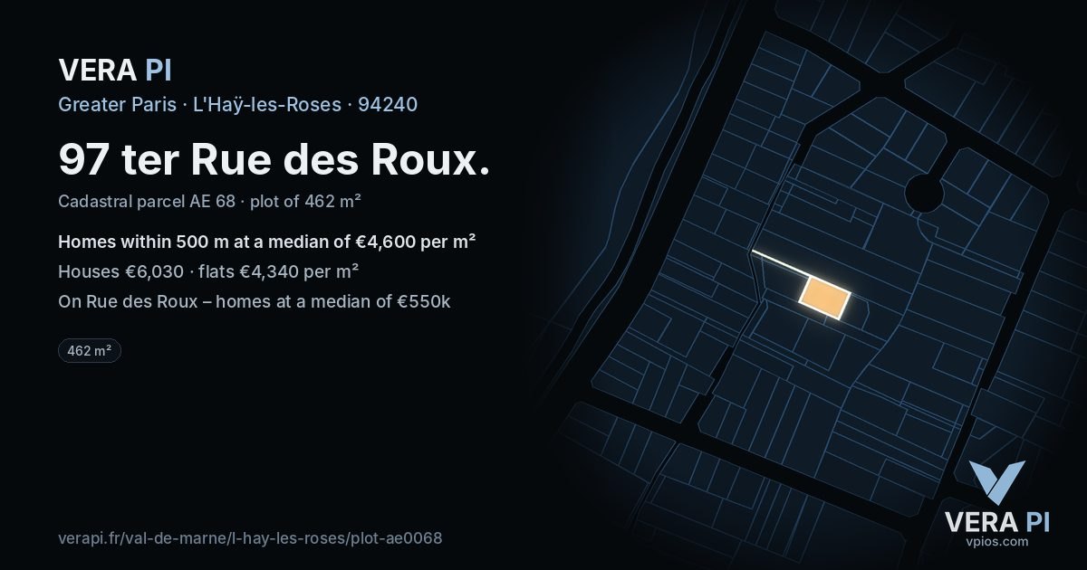 97 ter Rue des Roux, L'Haÿ-les-Roses at night – the plot lit, the parcels around coloured by the prices near them