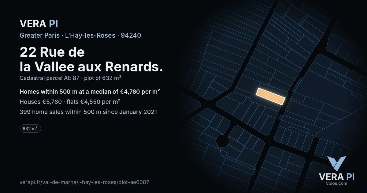 22 Rue de la Vallee aux Renards, L'Haÿ-les-Roses at night – the plot lit, the parcels around coloured by the prices near them