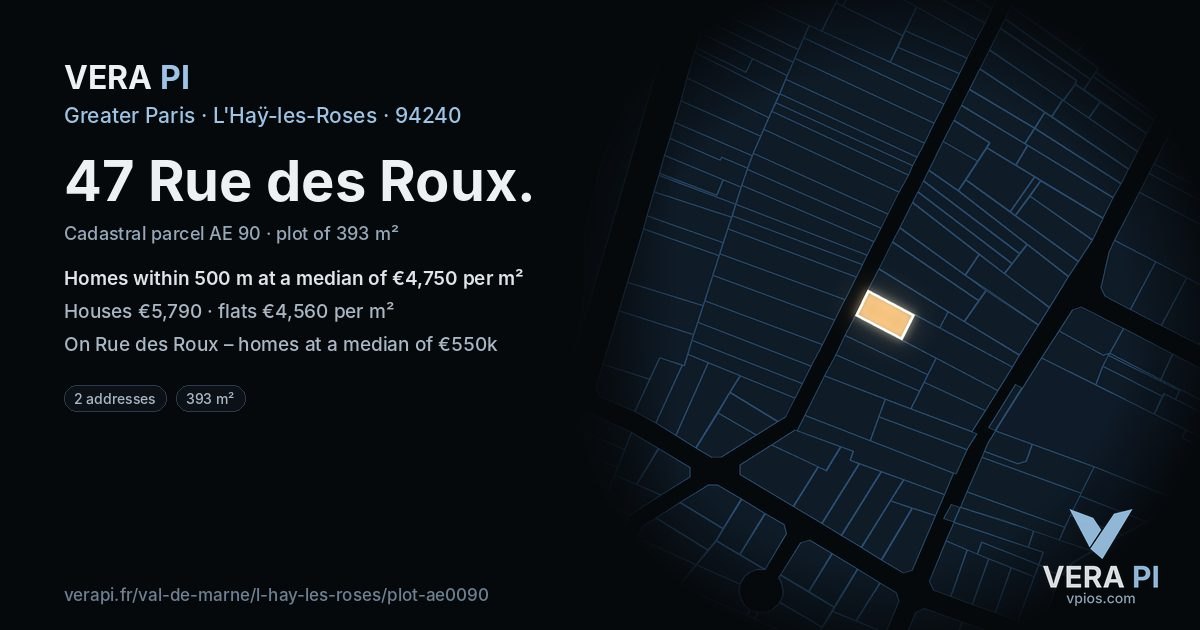 47 Rue des Roux, L'Haÿ-les-Roses at night – the plot lit, the parcels around coloured by the prices near them