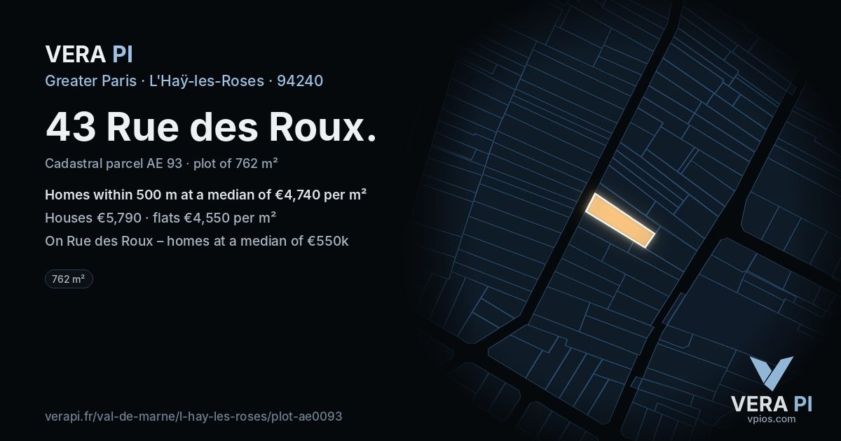 43 Rue des Roux, L'Haÿ-les-Roses at night – the plot lit, the parcels around coloured by the prices near them