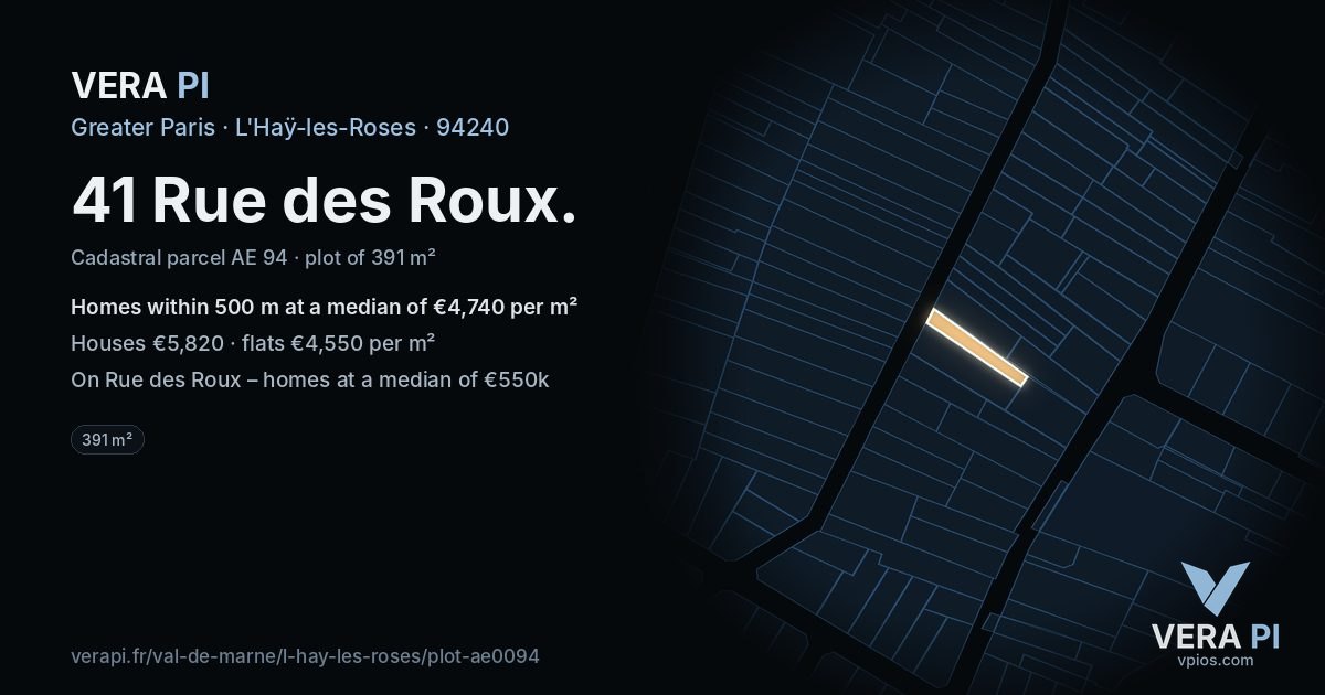 41 Rue des Roux, L'Haÿ-les-Roses at night – the plot lit, the parcels around coloured by the prices near them