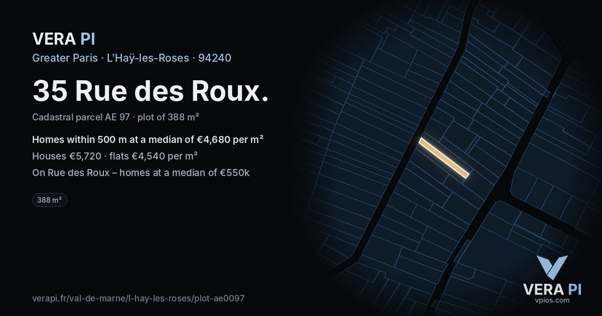 35 Rue des Roux, L'Haÿ-les-Roses at night – the plot lit, the parcels around coloured by the prices near them