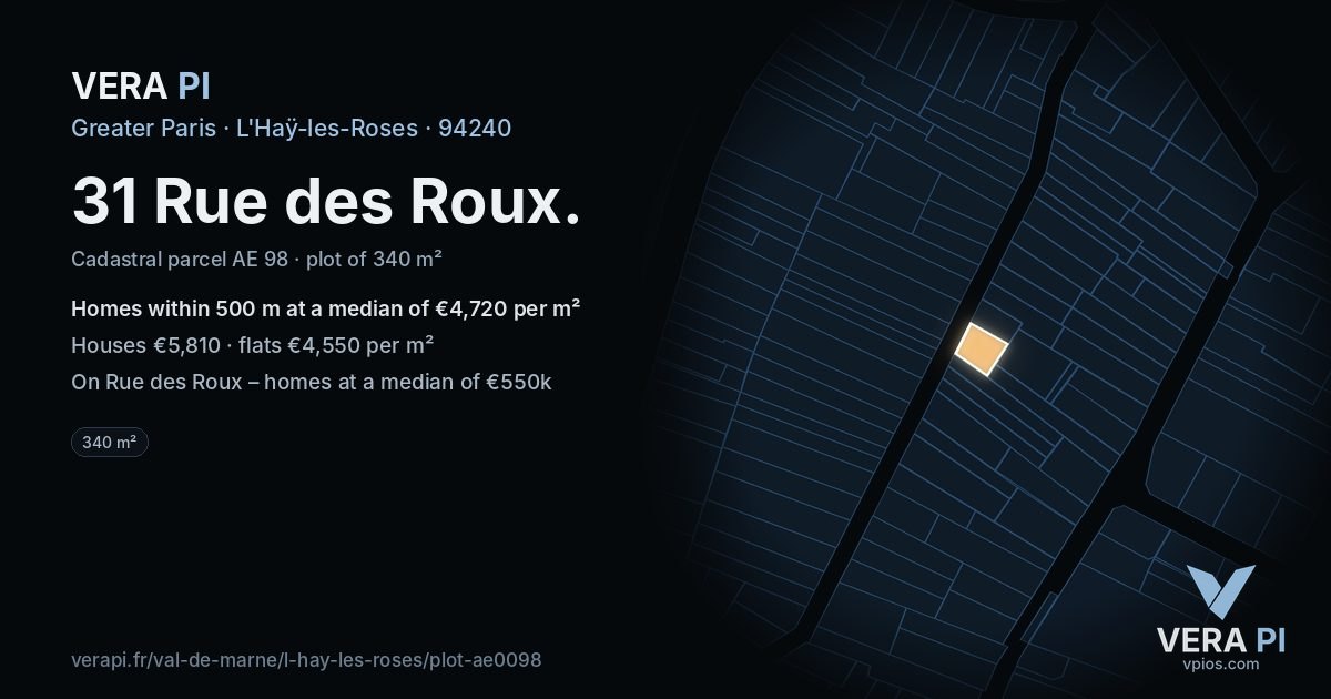 31 Rue des Roux, L'Haÿ-les-Roses at night – the plot lit, the parcels around coloured by the prices near them