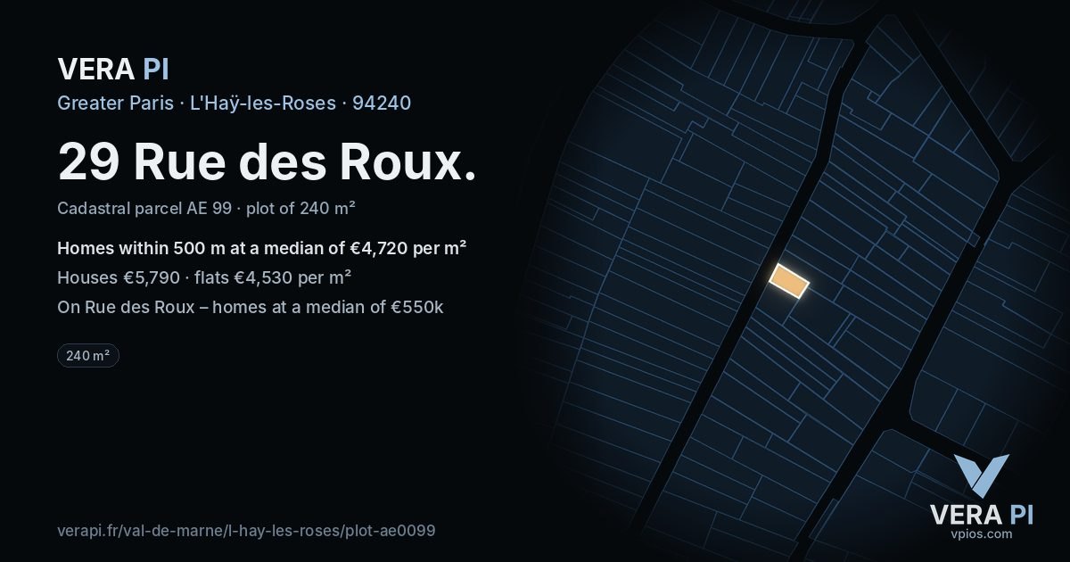 29 Rue des Roux, L'Haÿ-les-Roses at night – the plot lit, the parcels around coloured by the prices near them