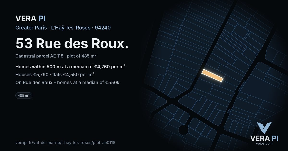 53 Rue des Roux, L'Haÿ-les-Roses at night – the plot lit, the parcels around coloured by the prices near them