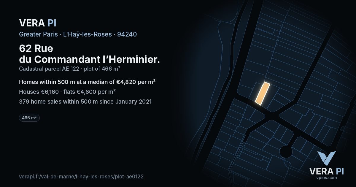 62 Rue du Commandant l’Herminier, L'Haÿ-les-Roses at night – the plot lit, the parcels around coloured by the prices near them