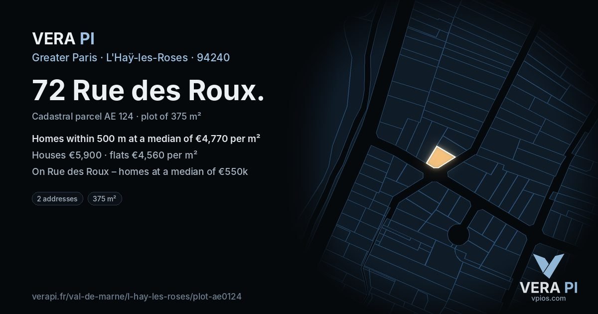 72 Rue des Roux, L'Haÿ-les-Roses at night – the plot lit, the parcels around coloured by the prices near them