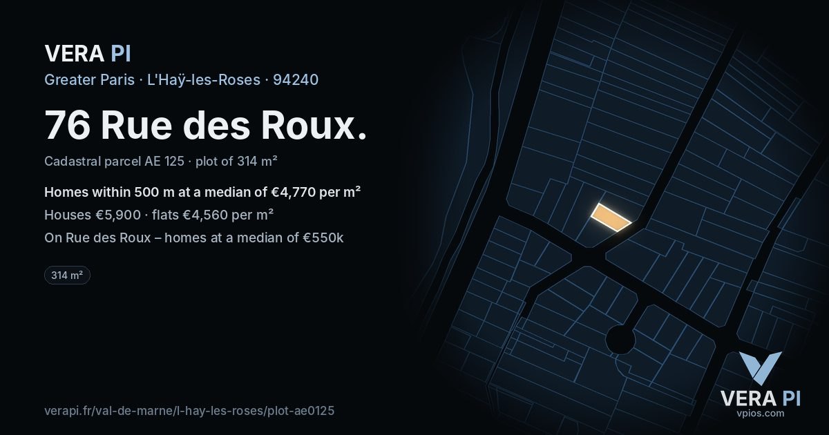76 Rue des Roux, L'Haÿ-les-Roses at night – the plot lit, the parcels around coloured by the prices near them
