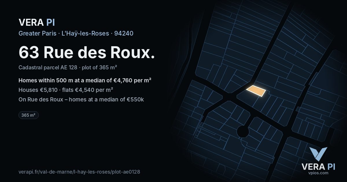 63 Rue des Roux, L'Haÿ-les-Roses at night – the plot lit, the parcels around coloured by the prices near them