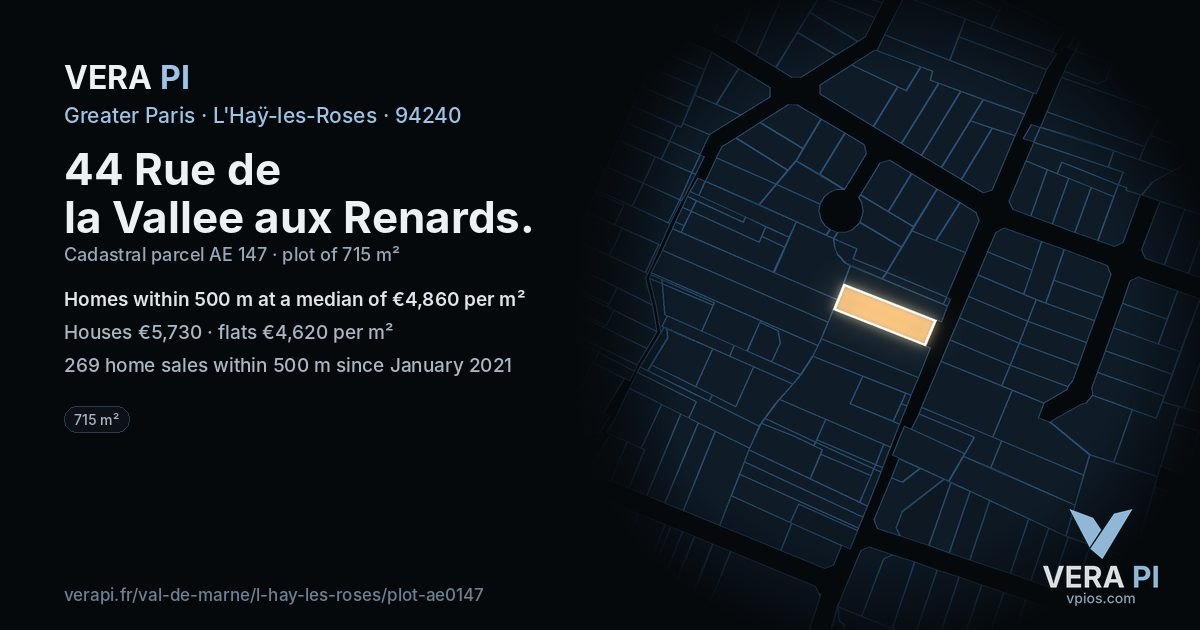 44 Rue de la Vallee aux Renards, L'Haÿ-les-Roses at night – the plot lit, the parcels around coloured by the prices near them