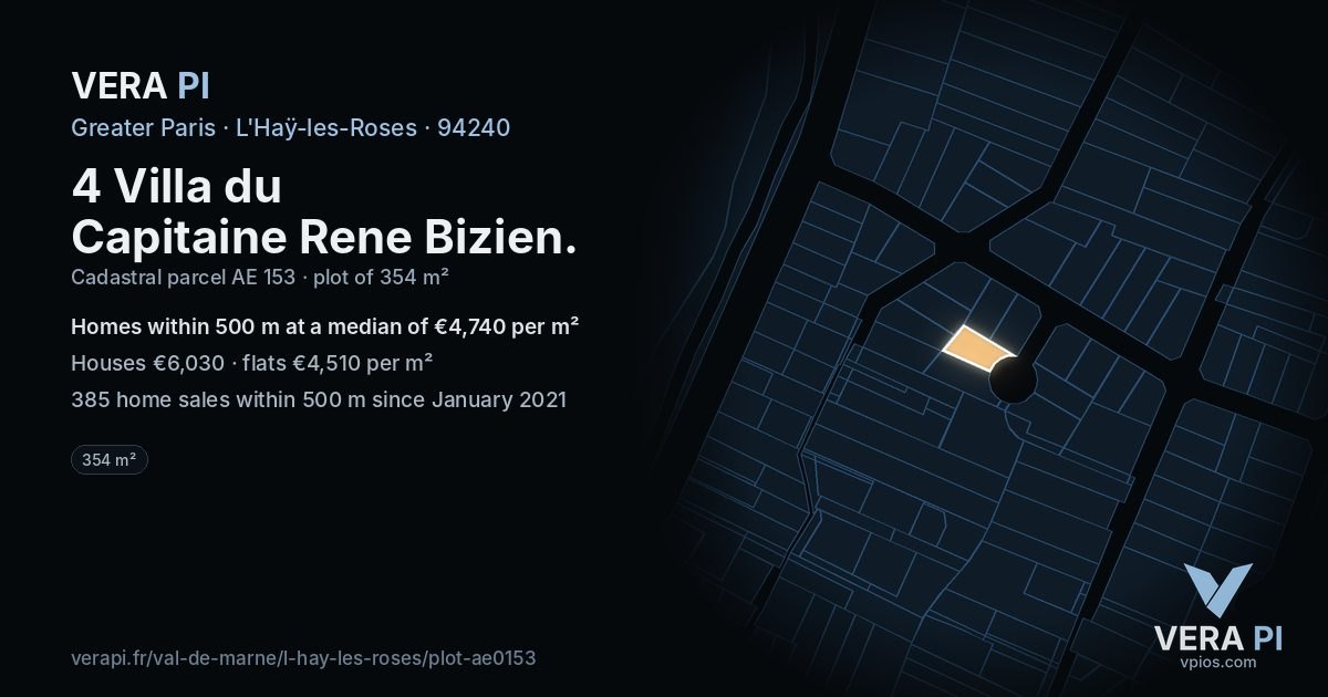 4 Villa du Capitaine Rene Bizien, L'Haÿ-les-Roses at night – the plot lit, the parcels around coloured by the prices near them