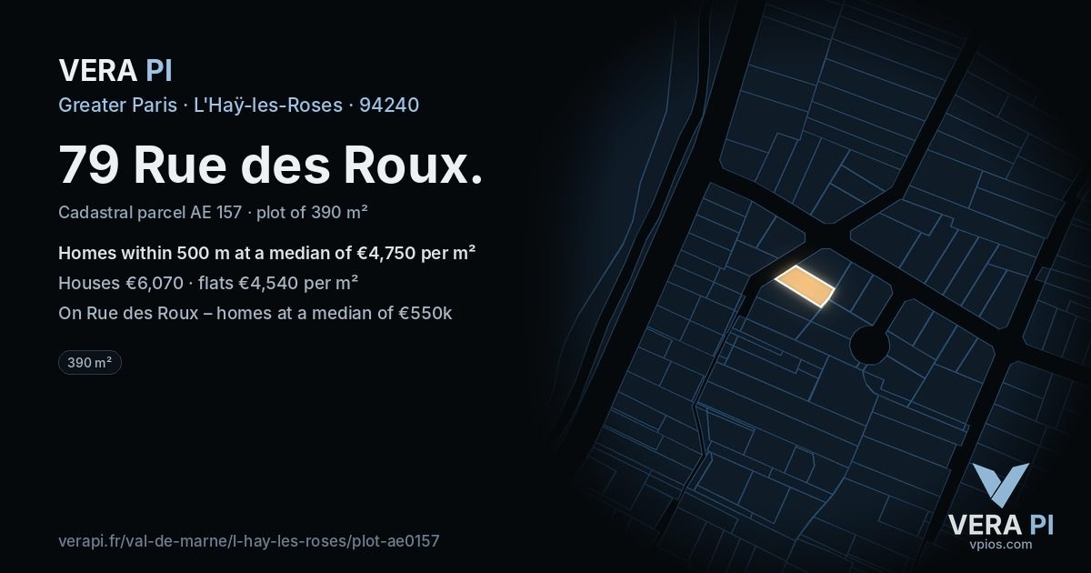 79 Rue des Roux, L'Haÿ-les-Roses at night – the plot lit, the parcels around coloured by the prices near them