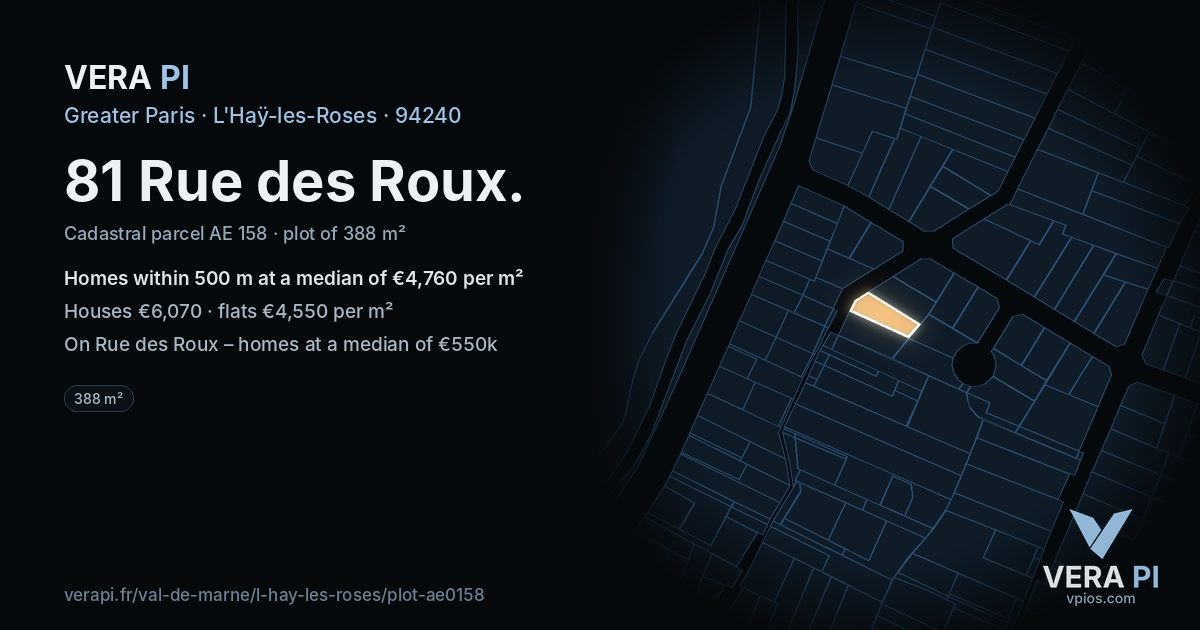 81 Rue des Roux, L'Haÿ-les-Roses at night – the plot lit, the parcels around coloured by the prices near them