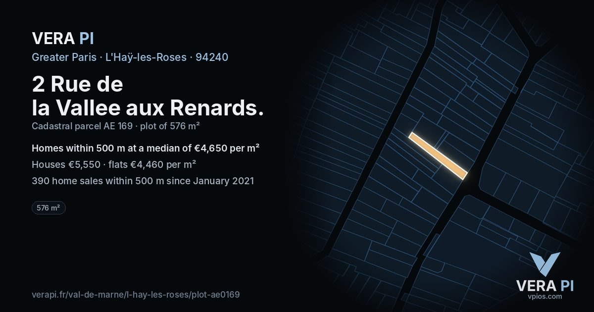 2 Rue de la Vallee aux Renards, L'Haÿ-les-Roses at night – the plot lit, the parcels around coloured by the prices near them