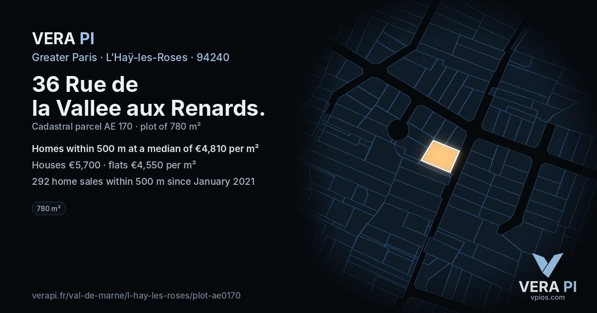 36 Rue de la Vallee aux Renards, L'Haÿ-les-Roses at night – the plot lit, the parcels around coloured by the prices near them