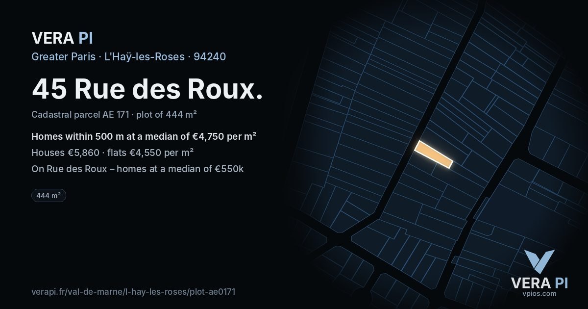 45 Rue des Roux, L'Haÿ-les-Roses at night – the plot lit, the parcels around coloured by the prices near them