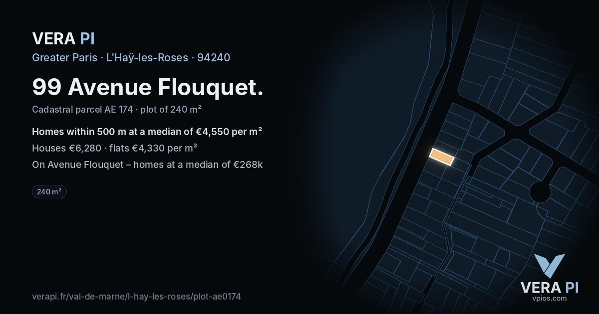 99 Avenue Flouquet, L'Haÿ-les-Roses at night – the plot lit, the parcels around coloured by the prices near them