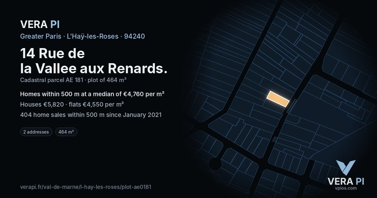 14 Rue de la Vallee aux Renards, L'Haÿ-les-Roses at night – the plot lit, the parcels around coloured by the prices near them