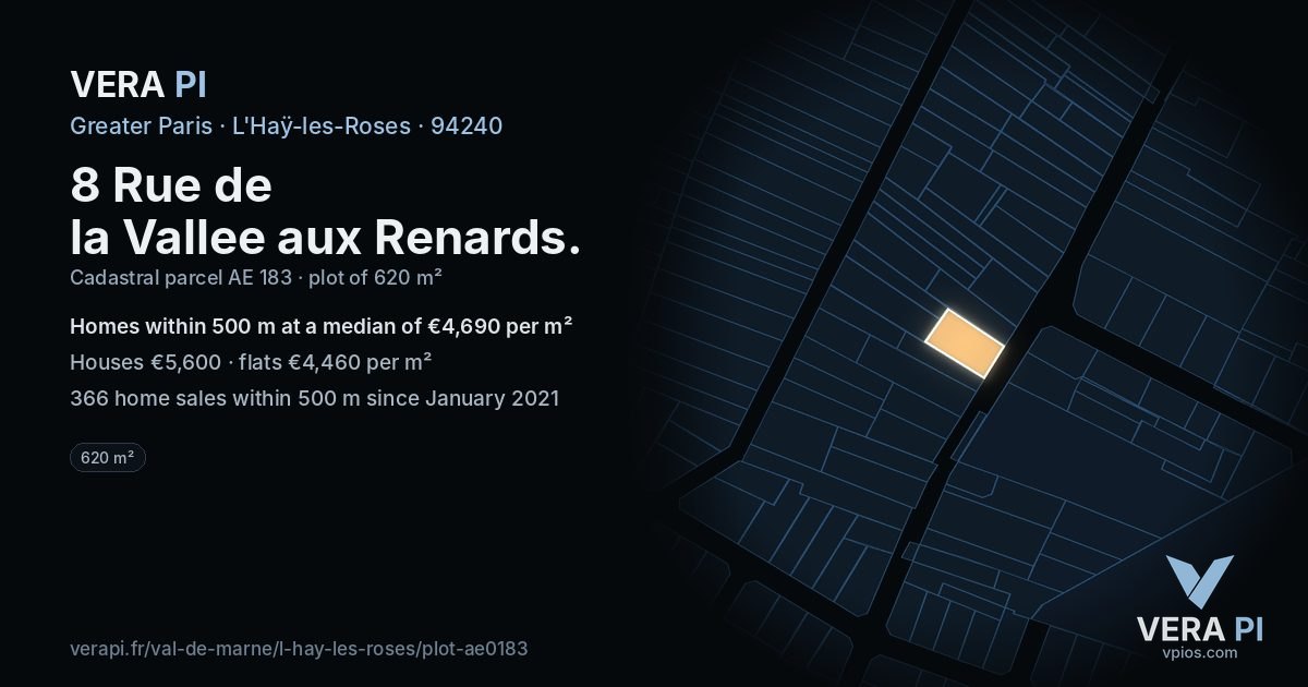 8 Rue de la Vallee aux Renards, L'Haÿ-les-Roses at night – the plot lit, the parcels around coloured by the prices near them
