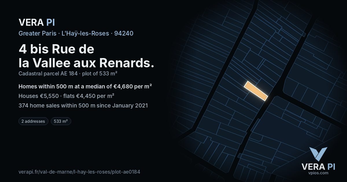 4 bis Rue de la Vallee aux Renards, L'Haÿ-les-Roses at night – the plot lit, the parcels around coloured by the prices near them