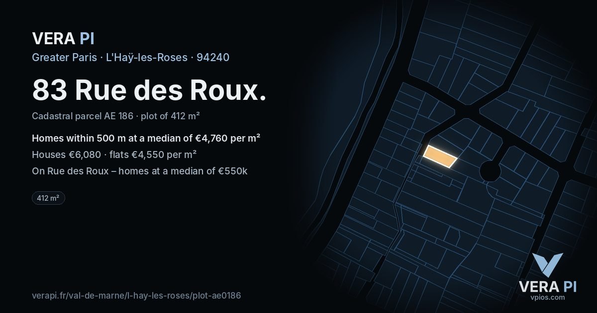 83 Rue des Roux, L'Haÿ-les-Roses at night – the plot lit, the parcels around coloured by the prices near them