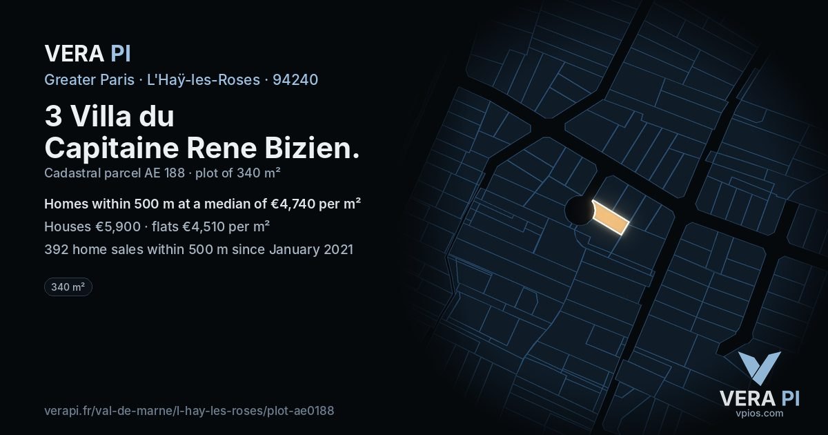 3 Villa du Capitaine Rene Bizien, L'Haÿ-les-Roses at night – the plot lit, the parcels around coloured by the prices near them