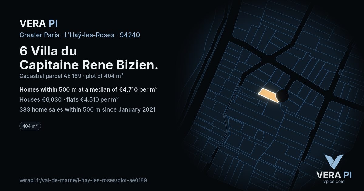 6 Villa du Capitaine Rene Bizien, L'Haÿ-les-Roses at night – the plot lit, the parcels around coloured by the prices near them