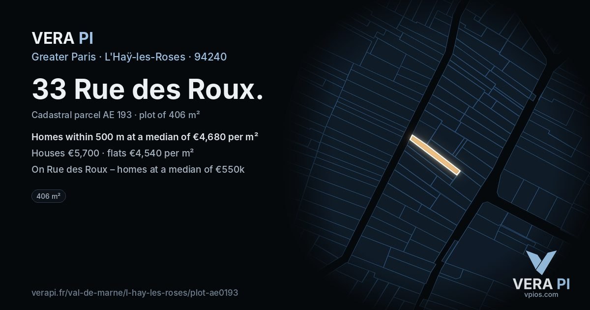 33 Rue des Roux, L'Haÿ-les-Roses at night – the plot lit, the parcels around coloured by the prices near them