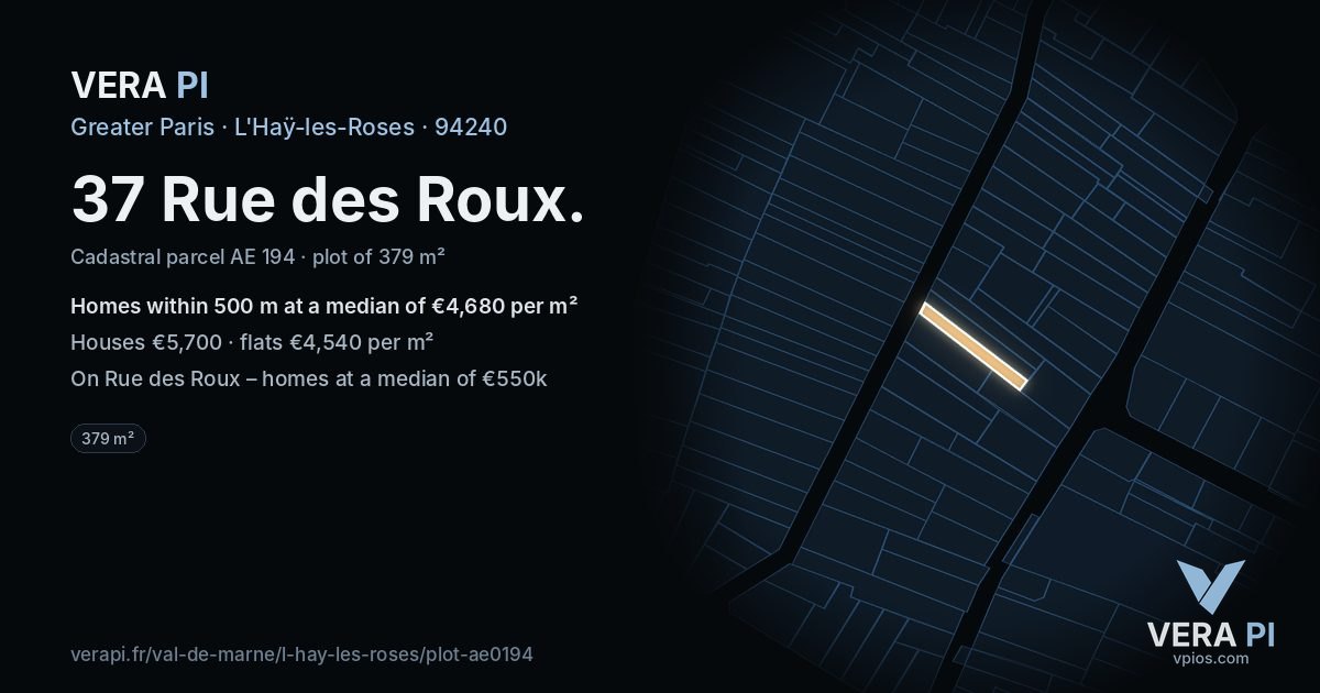 37 Rue des Roux, L'Haÿ-les-Roses at night – the plot lit, the parcels around coloured by the prices near them