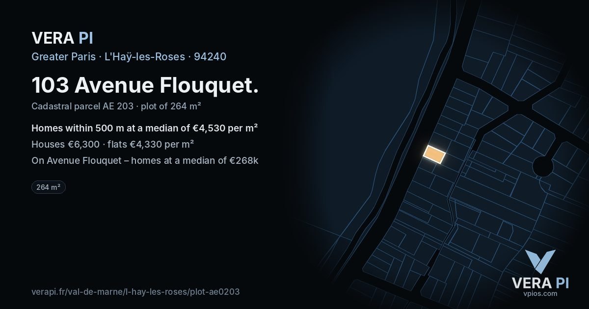 103 Avenue Flouquet, L'Haÿ-les-Roses at night – the plot lit, the parcels around coloured by the prices near them