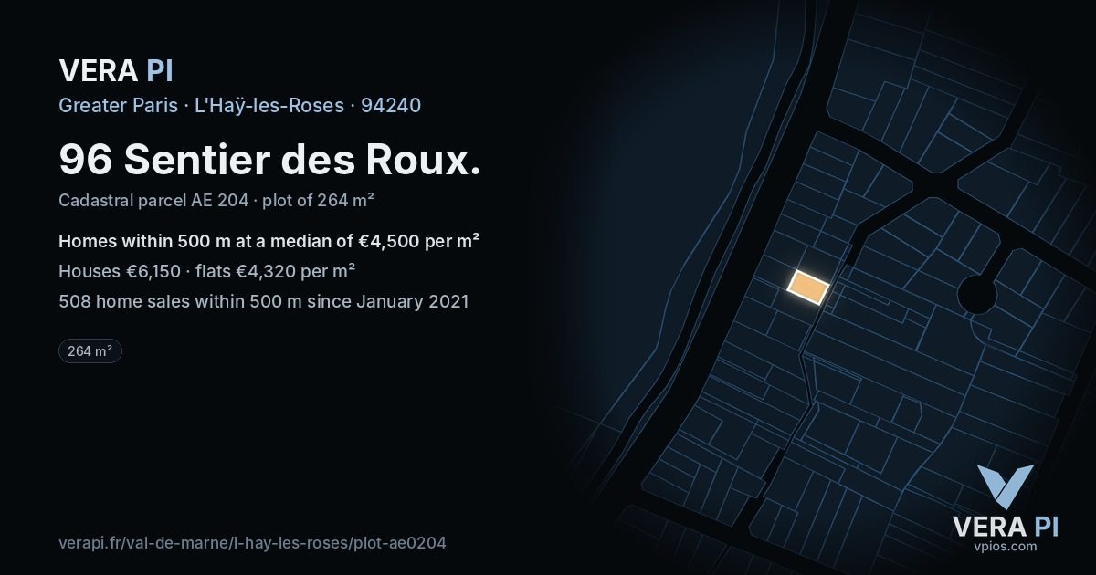96 Sentier des Roux, L'Haÿ-les-Roses at night – the plot lit, the parcels around coloured by the prices near them