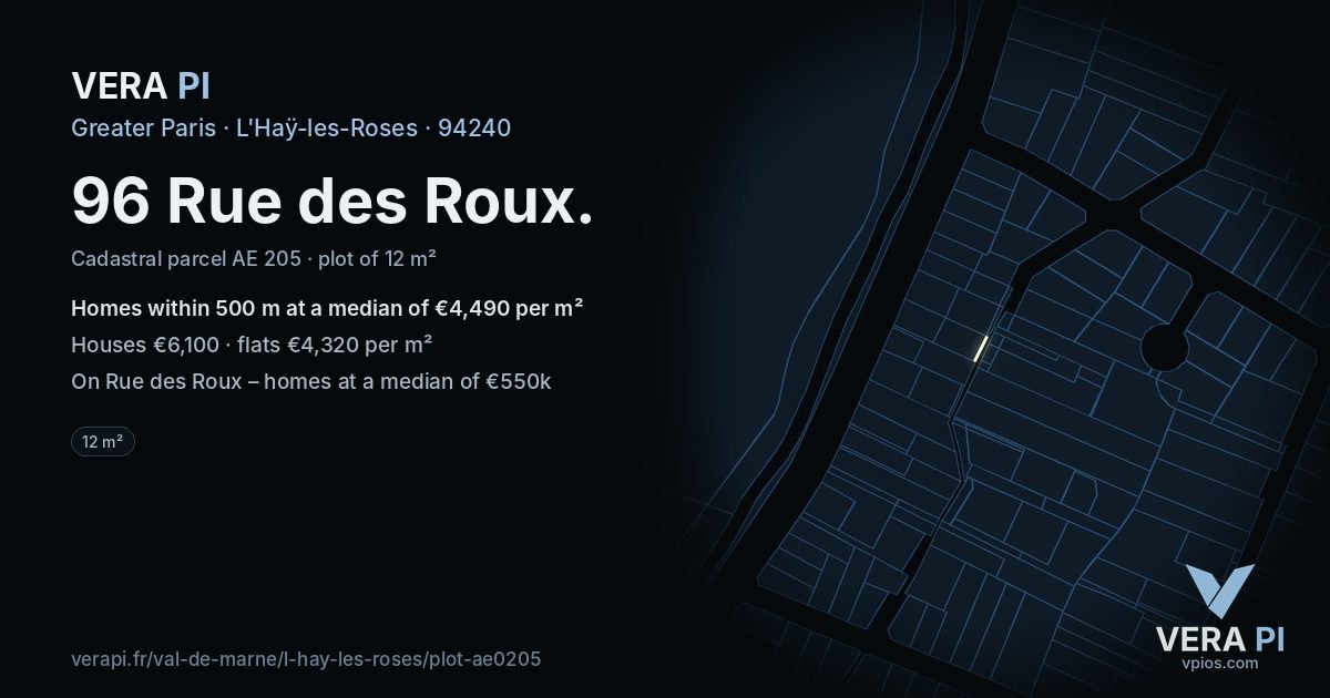 96 Rue des Roux, L'Haÿ-les-Roses at night – the plot lit, the parcels around coloured by the prices near them