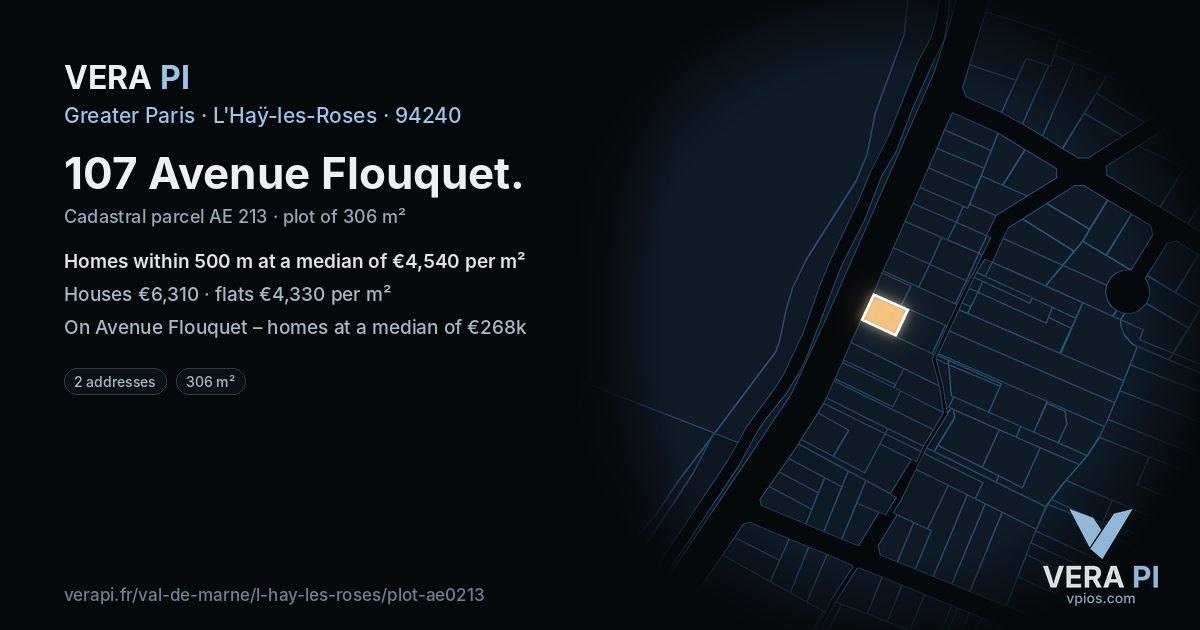 107 Avenue Flouquet, L'Haÿ-les-Roses at night – the plot lit, the parcels around coloured by the prices near them