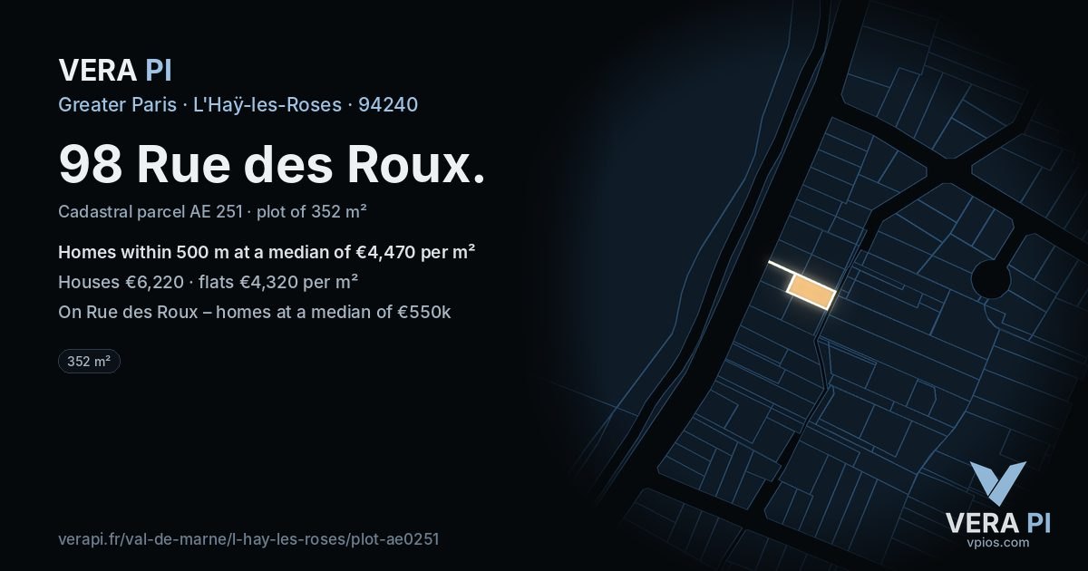 98 Rue des Roux, L'Haÿ-les-Roses at night – the plot lit, the parcels around coloured by the prices near them
