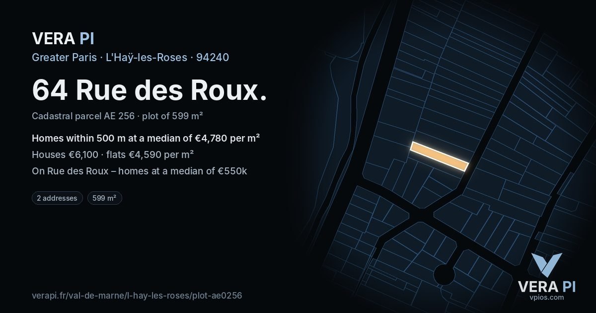 64 Rue des Roux, L'Haÿ-les-Roses at night – the plot lit, the parcels around coloured by the prices near them