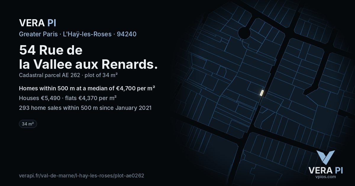 54 Rue de la Vallee aux Renards, L'Haÿ-les-Roses at night – the plot lit, the parcels around coloured by the prices near them