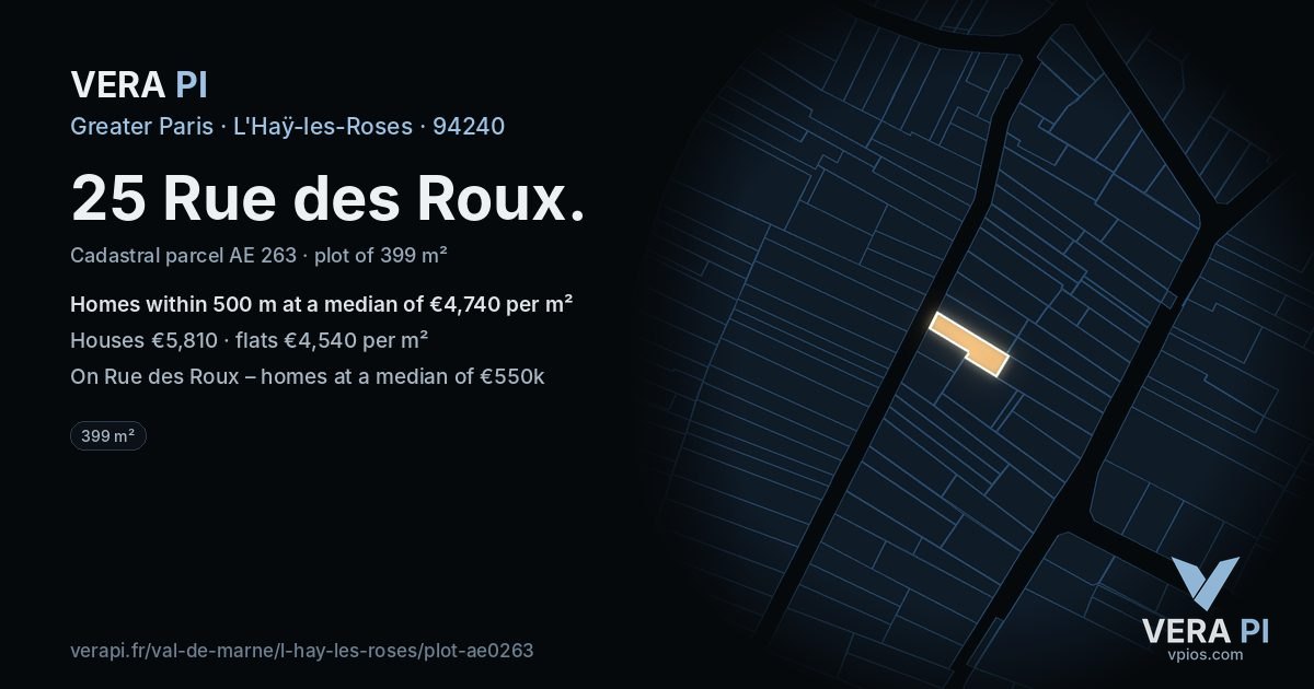 25 Rue des Roux, L'Haÿ-les-Roses at night – the plot lit, the parcels around coloured by the prices near them