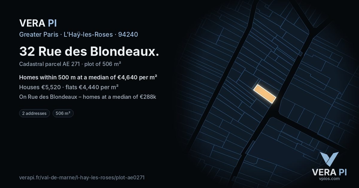 32 Rue des Blondeaux, L'Haÿ-les-Roses at night – the plot lit, the parcels around coloured by the prices near them