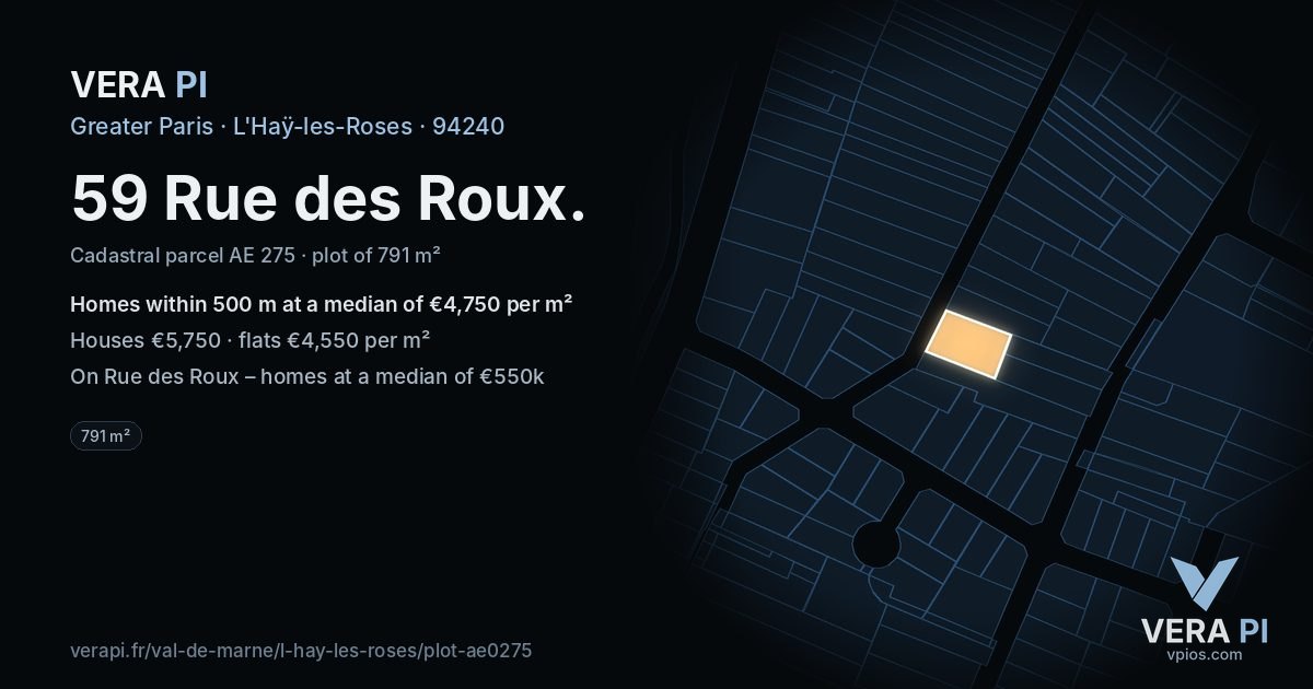 59 Rue des Roux, L'Haÿ-les-Roses at night – the plot lit, the parcels around coloured by the prices near them