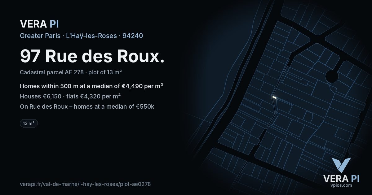 97 Rue des Roux, L'Haÿ-les-Roses at night – the plot lit, the parcels around coloured by the prices near them