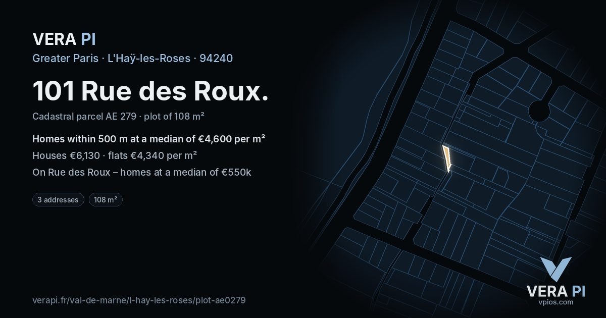 101 Rue des Roux, L'Haÿ-les-Roses at night – the plot lit, the parcels around coloured by the prices near them