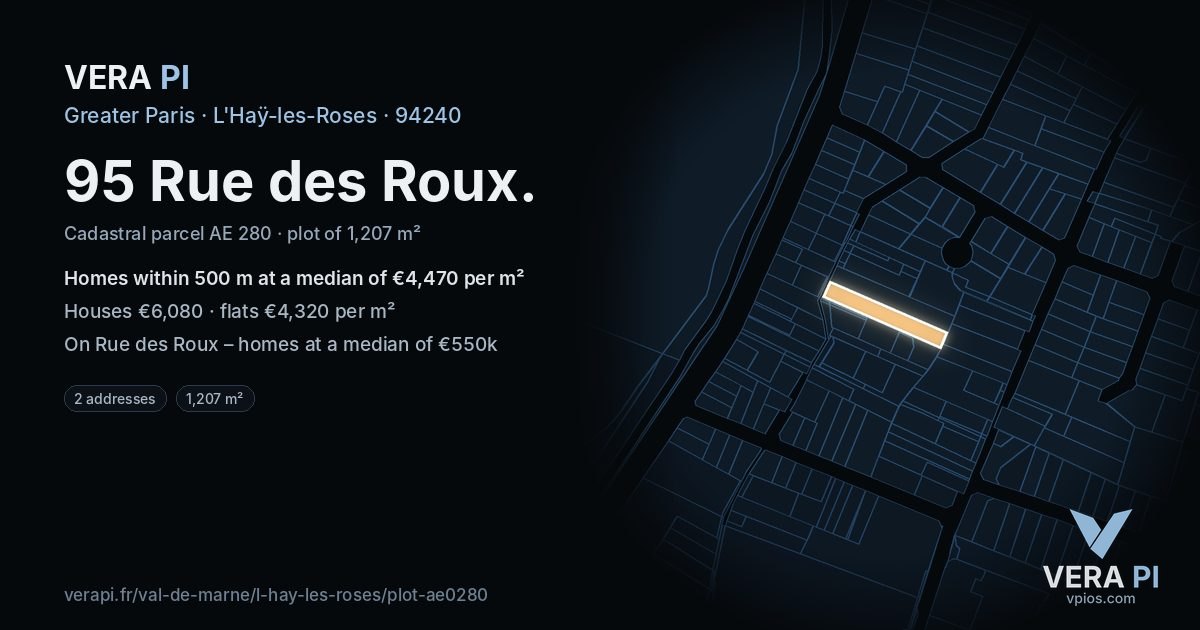 95 Rue des Roux, L'Haÿ-les-Roses at night – the plot lit, the parcels around coloured by the prices near them