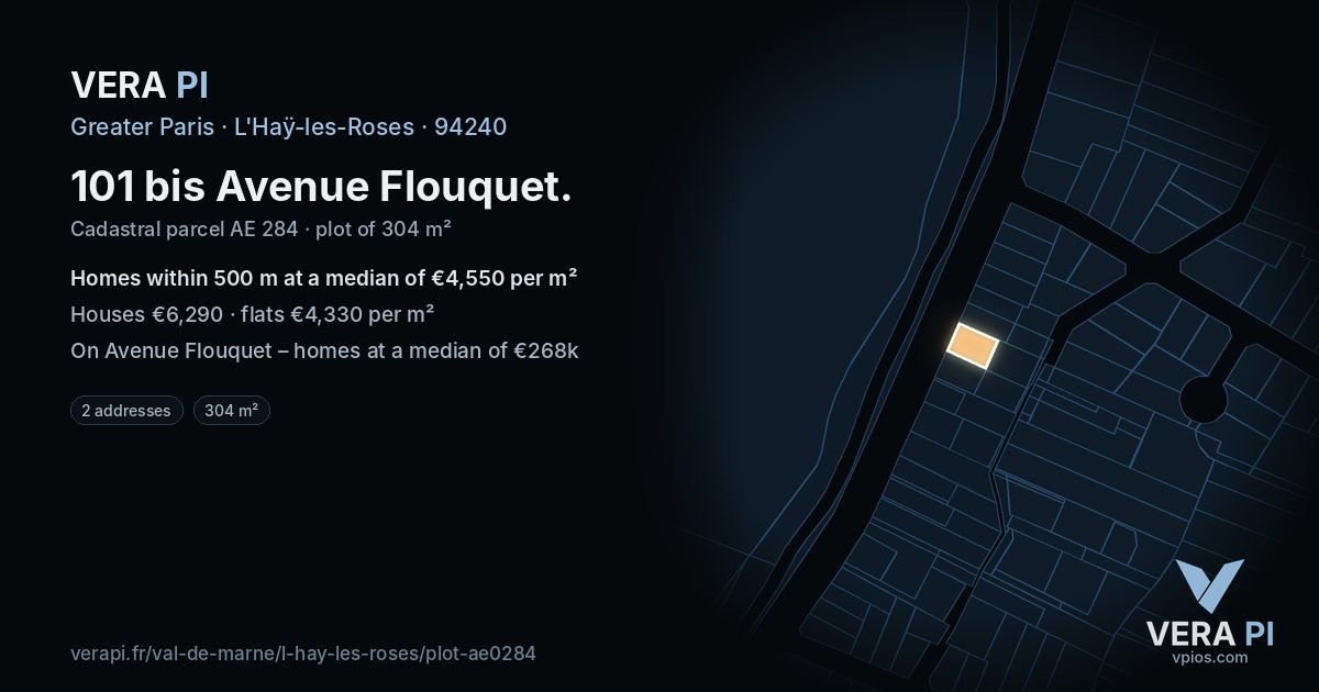 101 bis Avenue Flouquet, L'Haÿ-les-Roses at night – the plot lit, the parcels around coloured by the prices near them