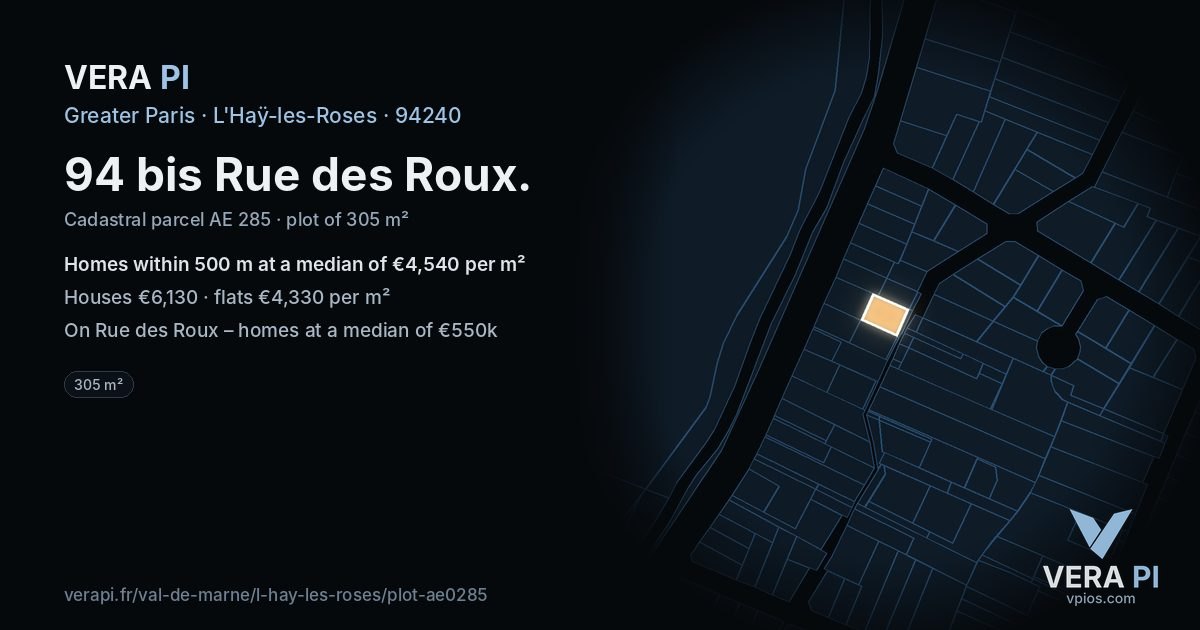 94 bis Rue des Roux, L'Haÿ-les-Roses at night – the plot lit, the parcels around coloured by the prices near them