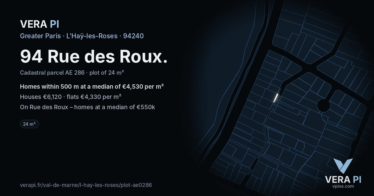 94 Rue des Roux, L'Haÿ-les-Roses at night – the plot lit, the parcels around coloured by the prices near them