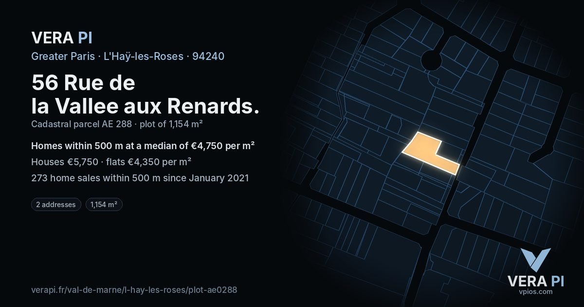 56 Rue de la Vallee aux Renards, L'Haÿ-les-Roses at night – the plot lit, the parcels around coloured by the prices near them