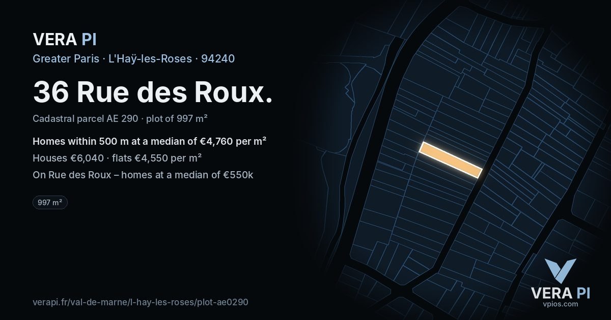 36 Rue des Roux, L'Haÿ-les-Roses at night – the plot lit, the parcels around coloured by the prices near them